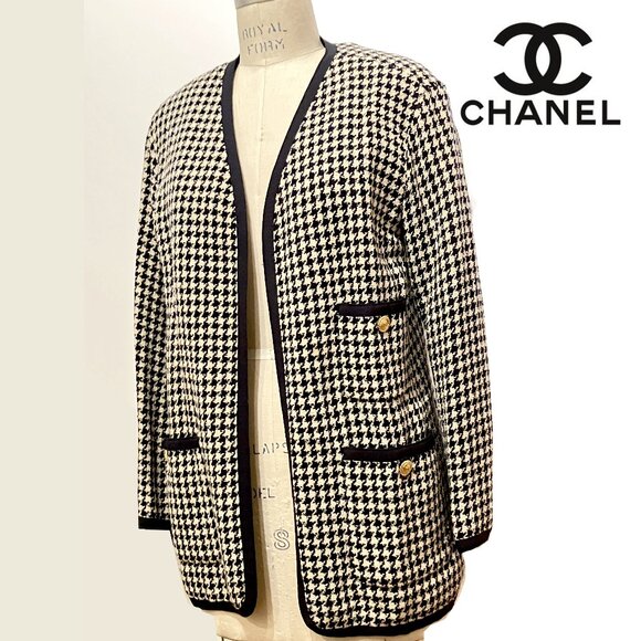 Authentic CHANEL VINTAGE 1980s classic houndstooth jacket, CC buttons, FR40/US10 - Picture 1 of 7